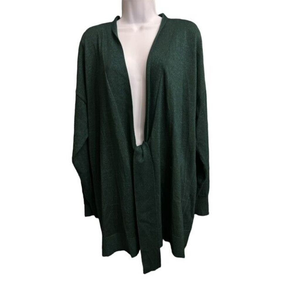 Lane Bryant 18/20 Open Cardigan Sweater Roomy Front Tie Shiny Forest Green Rayon